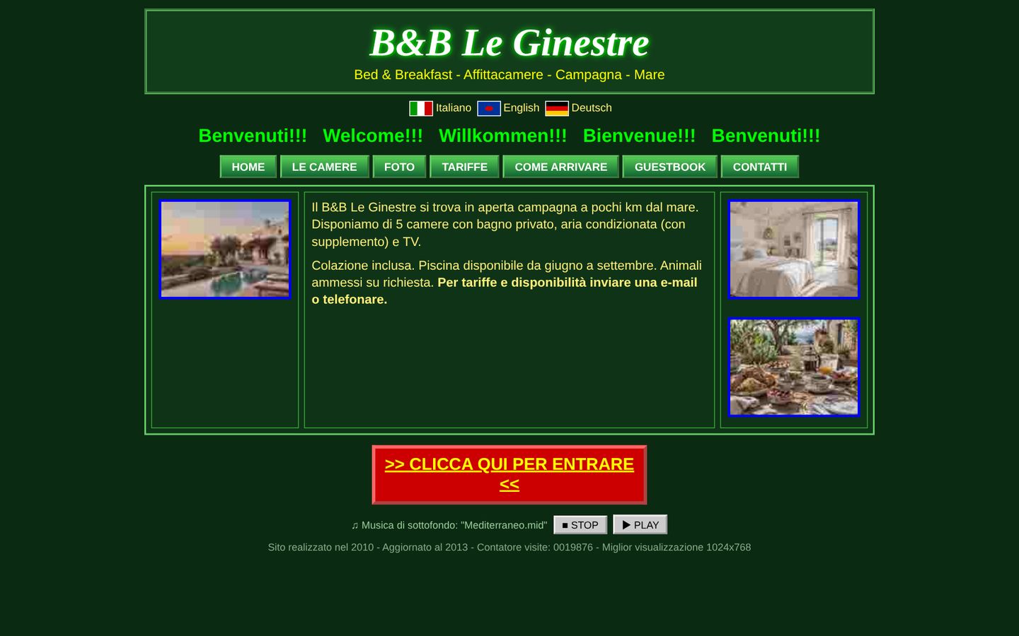 Il vecchio sito di un B&B: sfondo verde scuro, scritte gialle, bandierine e 